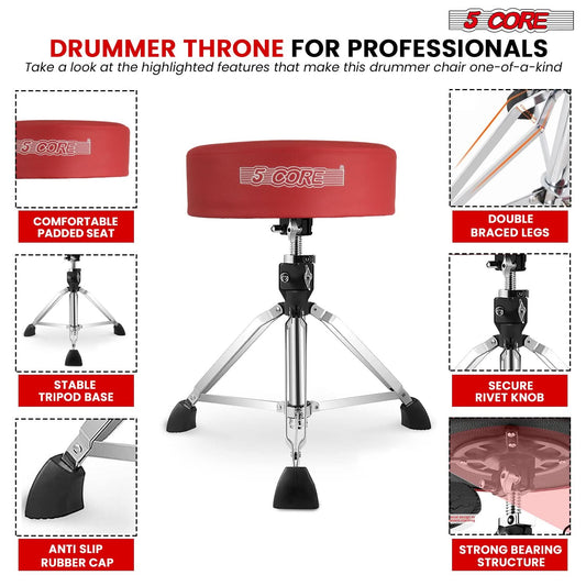 5Core Drum Throne Padded Adjustable Guitar Stool Drummer Seat for Adults & Kids RED